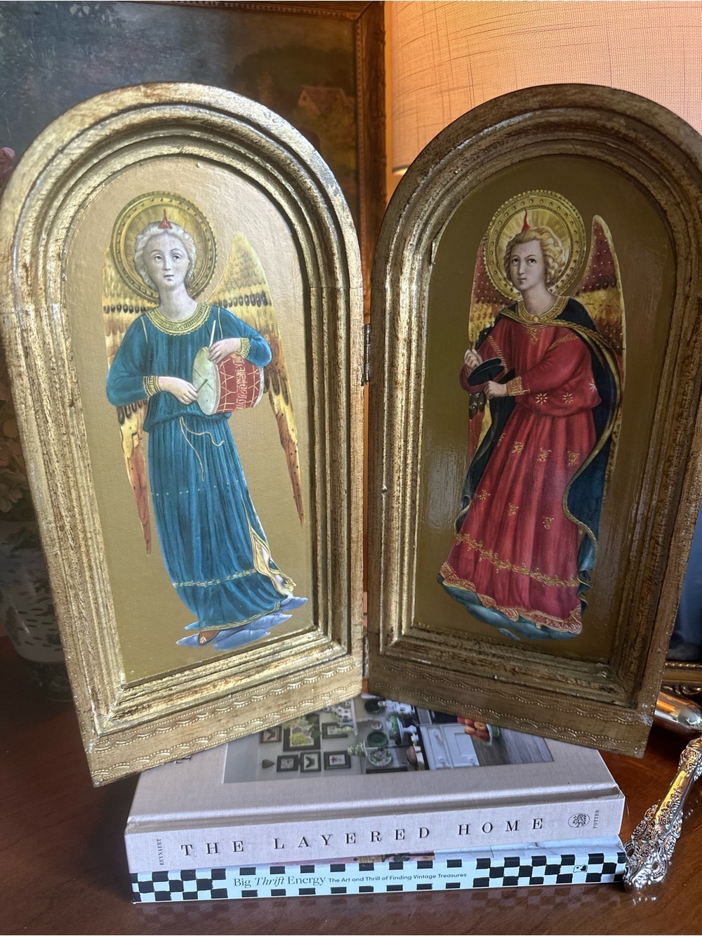 Vintage late 20th Century 2 panel Wood Screen of Gilded-gold Hand-Painted Angels